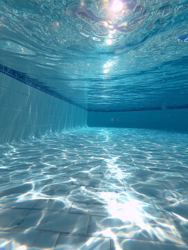 Underwater view of swimming pool with sun reflecting