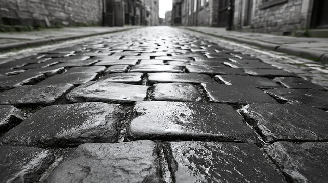 Rain Glossed Stone Pavement Captured from a Dramatic Low Angle