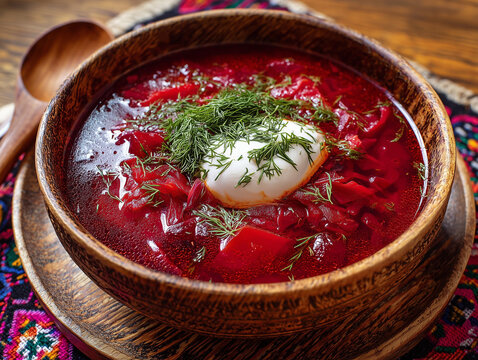 Traditional borscht soup with sour cream and dill