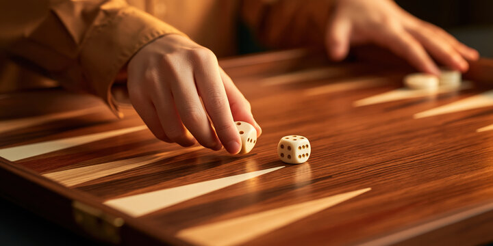 Family game time with hand moving ivory dice across polished wooden board