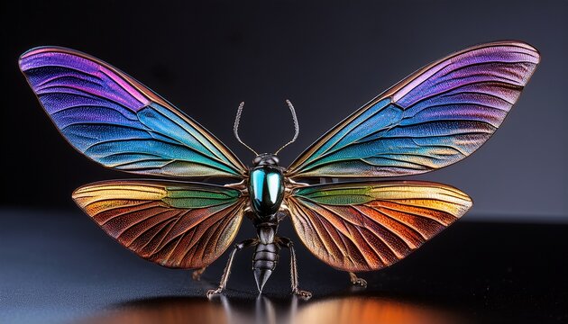 a colorful insect with iridescent wings stands on a dark surface