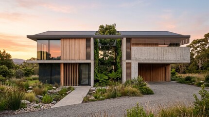 Fototapeta premium Exterior of modern sustainable house with concrete, wood paneling and large glass windows surrounded by native garden landscape at sunset