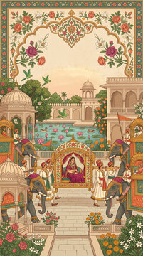 Rajasthani Royal Wedding wedding invitation card design, bridal palanquin, elephants, lotus garden, Indian decor 4k
