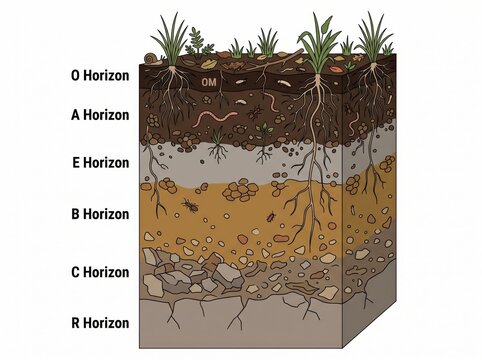 Soil horizons profile diagram showing earth layers from organic o horizon down to bedrock r horizon with environment structure composition education infographic agriculture decomposition