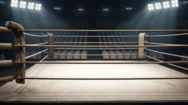 Empty professional boxing ring inside a large arena, cinematic sports event atmosphere