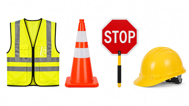 Road safety and construction equipment set with reflective vest traffic cone stop sign and hard hat isolated on white background.