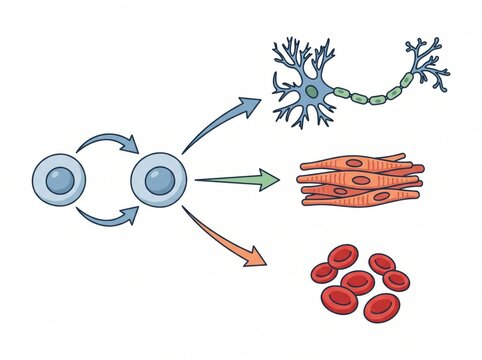 Cell differentiation diagram showing stem cell dividing and turning into specialized neuron muscle and blood cells with differentiation division specialization microbiology cytology genetics