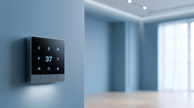 Smart home thermostat control panel displaying temperature on wall with blurred modern interior background.
