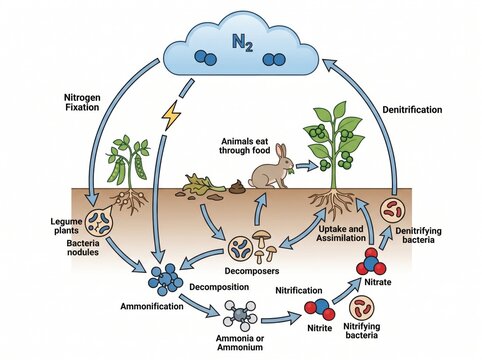 Educational diagram of the nitrogen cycle showing atmospheric fixation bacteria plants and soil processes with nitrogen environment bacteria atmosphere ammonium fixation nitrification ecosystem