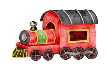Watercolor Christmas illustration of a red toy train with a vintage locomotive, suitable for children's cards, nursery decor, holiday invitations, posters, gift wrapping and festive crafts.
