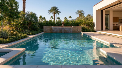 Fototapeta premium Contemporary Outdoor Living Area with Calm Water and Open Patio