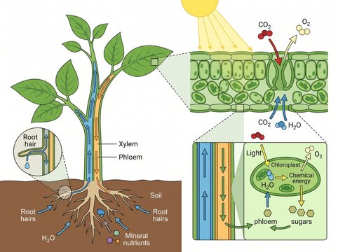 Educational diagram displaying plant transport systems xylem and phloem alongside root absorption and leaf photosynthesis with transport education vascular infographic photosynthesis minerals