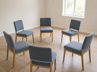 Fototapeta premium Empty Circle of Chairs Prepared for Mental Health Support Group Meeting