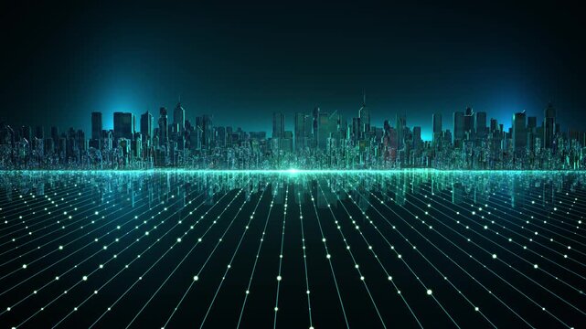 Modern digital city stands luminous grid, visualizing intelligent urban systems, sensors and data communication. smart infrastructure, IoT, energy management, mobility, analytics future planning.