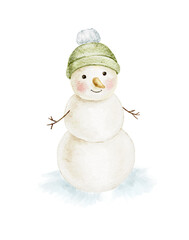 Watercolor Christmas illustration of a snowman wearing a green winter hat, suitable for holiday cards, children's stationery, nursery decor, winter invitations, posters and crafts.