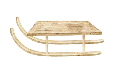 Watercolor Christmas illustration of a wooden sled with curved runners, suitable for holiday cards, children's stationery, nursery decor, winter invitations, posters, wrapping and crafts.