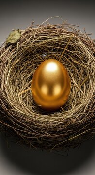 A single shimmering golden egg sits in the center of a rustic bird nest made of dry twigs and hay, glowing under soft, warm studio light, rustic, glimmering, precious