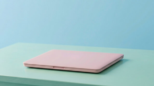 Minimalist closed pastel pink laptop on a mint green desk with a light blue background. Clean and modern aesthetic for creative workspace, education, or modern technology business concepts.