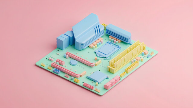 Minimalist 3D render of a computer motherboard in soft pastel colors. Mint green circuit board with blue, yellow and pink components on pink background. Perfect for modern tech and creative design.