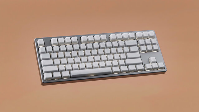Minimalist floating mechanical keyboard with blank white keycaps on a beige background. Modern 3D render for clean workspace concepts and sleek tech aesthetics.