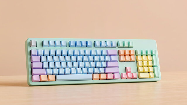 Blank custom mechanical keyboard with soft pastel gradient keycaps. Modern mint green computer peripheral on neutral background. Ideal for gaming or typing aesthetic tech illustrations.