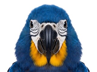 Fototapeta premium Close-up portrait of vibrant blue and yellow macaw parrot with striking feather details and intense gaze