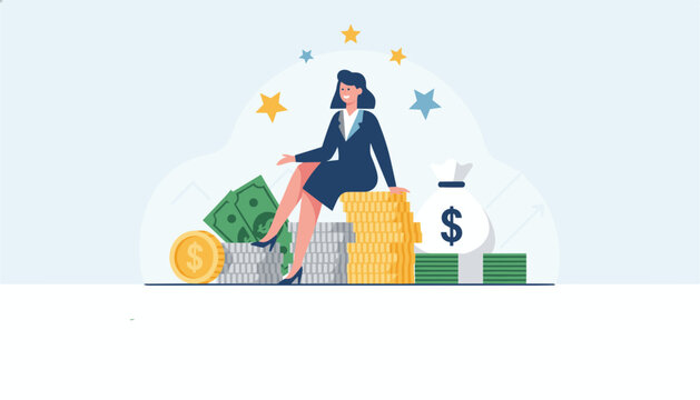 Confident businesswoman sitting on a large stack of money and coins celebrating her financial wealth and success.