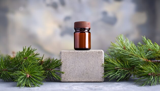 a small brown jar on a grey concrete block surrounded by pine