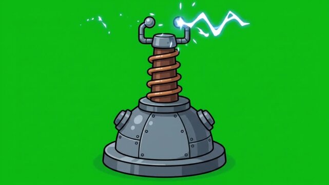 Cartoon Tesla coil generating electric spark isolated on green screen background