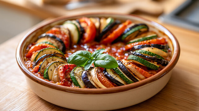 French Vegetable Casserole Presented in a Warm Ceramic Pan