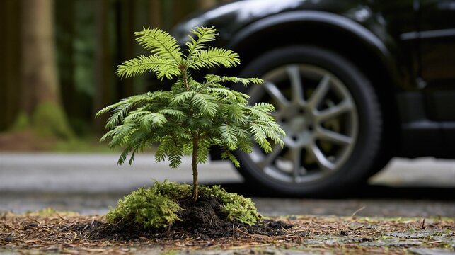 A young evergreen sapling thrives amidst moss and earth, with a blurred SUV in the background, symbolizing nature's persistence against the backdrop of modern life.