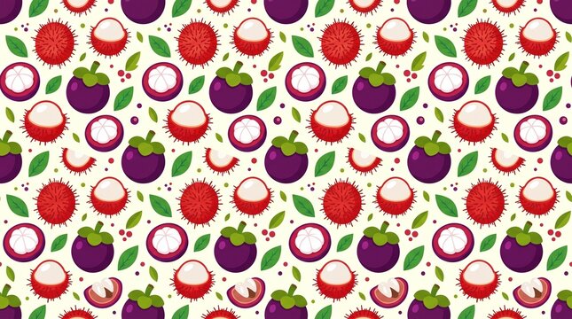 Vibrant seamless pattern of tropical rambutan and mangosteen fruits with green leaves vector illustration.
