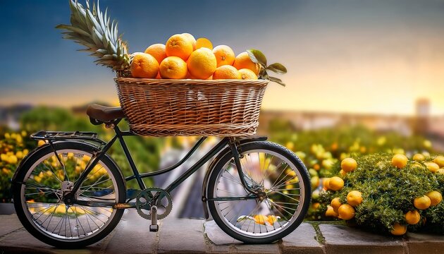 bicycle with basket of fresh oranges and lemons