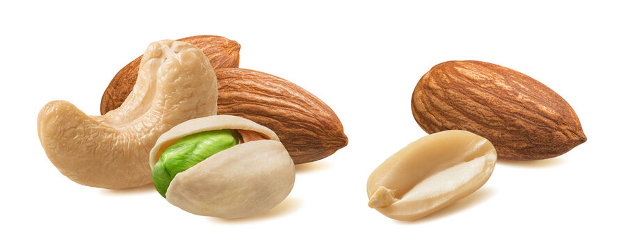 Cashew nut, pistachio, almond and peanut set isolated on white background. Real photography