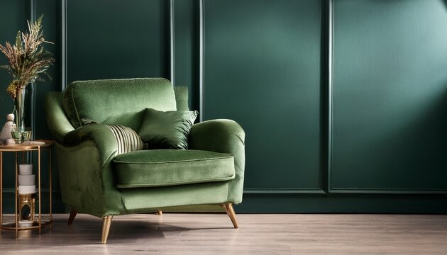 elegant green armchair in moody dark green paneled living room
