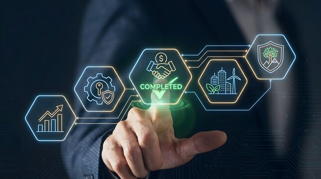 Business handshake interface showing completed project status with digital ecological sustainable infrastructure icons on a futuristic holographic virtual glass screen