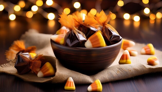 a rustic bowl of wrapped toffees and candy corn spilling onto linen practical string light bokeh behind the subject deep plum black and antique gold tones