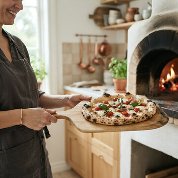 Woman holding a topped pizza on a wooden peel beside a brick kitchen oven