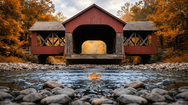 Red Covered Bridge over River with Autumn Foliage, Floating Maple Leaf, Celebrating First Day of Fall, Rustic Scenic Countryside Landscape
