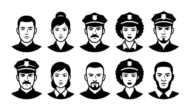 Black and white police officer avatar icon set with male and female law enforcement silhouettes