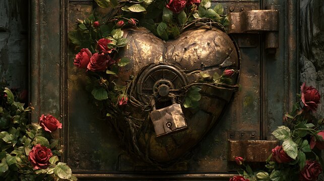 131. A psychological metaphor for a locked memory. A human heart depicted as a heavy, rusted metal safe overgrown with beautiful, wild red roses that have woven through the lock mechanism. Moody 