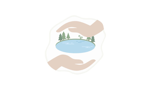 Hands protecting a small pond surrounded by forest trees in a minimalist illustration.
