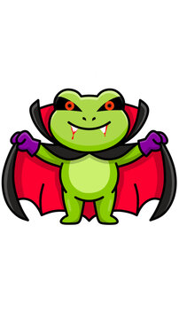 Cute cartoon frog dressed as a vampire for Halloween celebration.