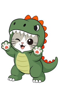 Cute cartoon cat wearing a green dinosaur costume illustration.