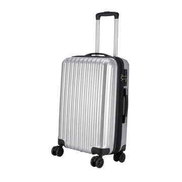 Sleek silver hard-shell luggage with an extended handle and four spinner wheels stands upright on a clean white background