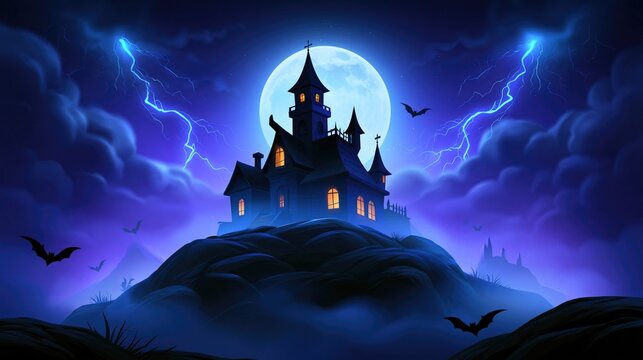 Haunted castle on a rocky hill under a full moon with glowing windows, storm clouds, lightning, and bats in a spooky Halloween scene.