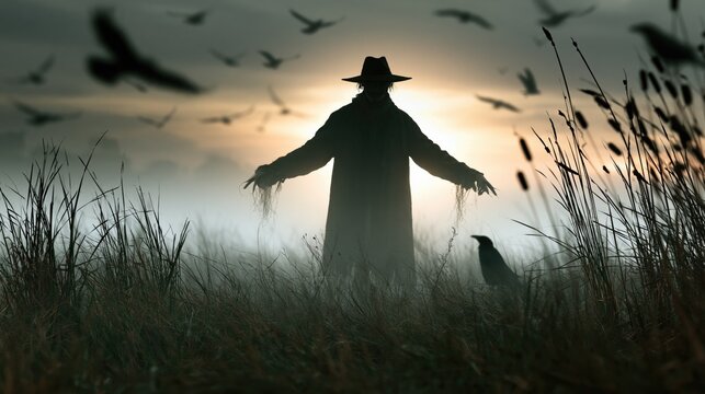 Scarecrow stands in a foggy field with crows flying overhead at sunset, creating a Halloween scene with tall grass and a rural harvest backdrop.