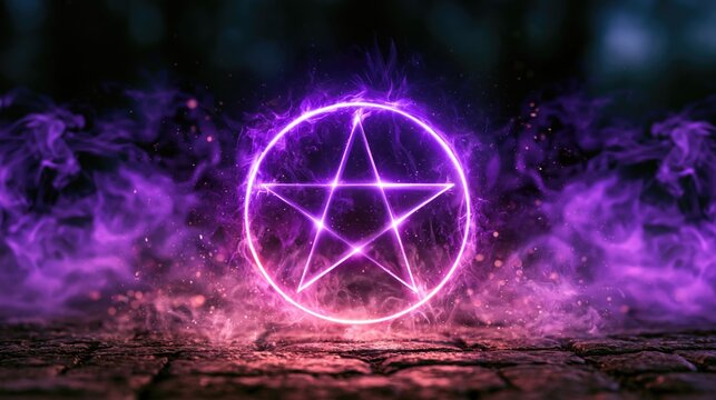 Glowing pentagram with purple smoke on a dark stone floor, with a mystical symbol and magical particles for Halloween or occult themed design.