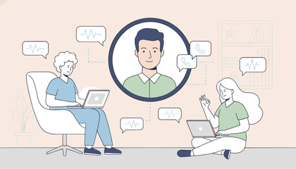 Fototapeta premium Telemedicine and remote healthcare consultation concept with medical professionals speaking via video call interface with health monitoring data.