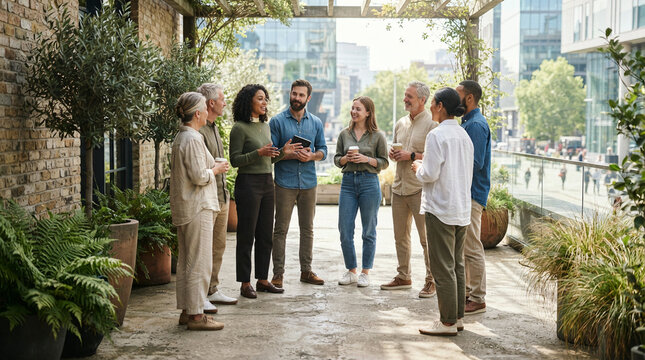 Coworkers chatting on a rooftop terrace surrounded by lush potted greenery